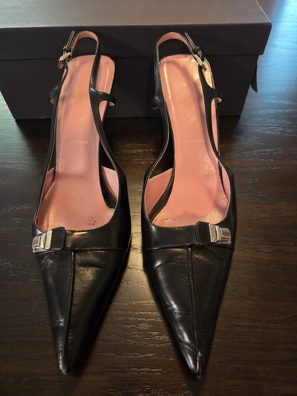 Prada Black Leather Pointed Slingback Heels